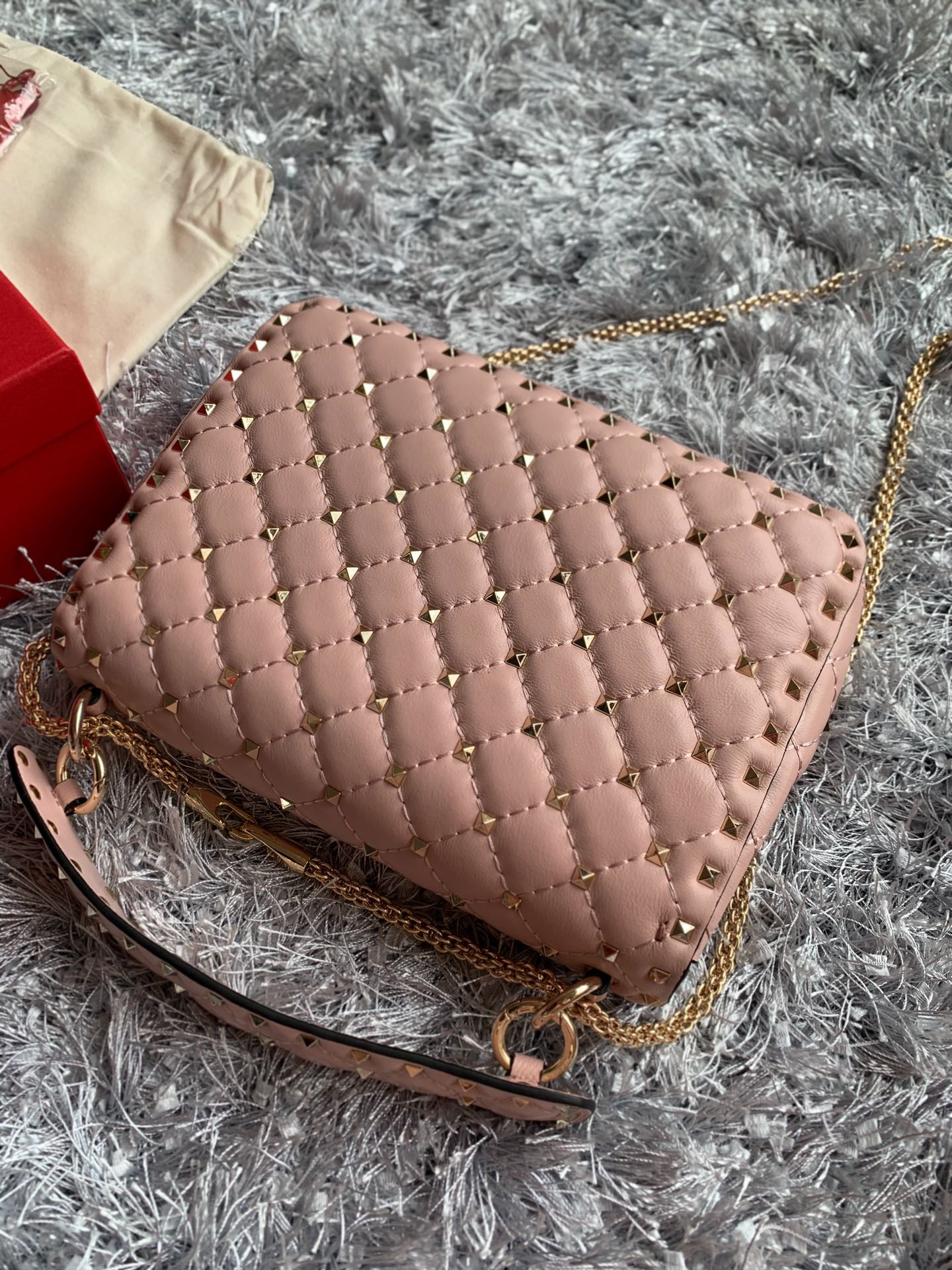 Valentino Garavani Rockstud Spike Medium Chain Bag in Pink Supple Lambskin Nappa